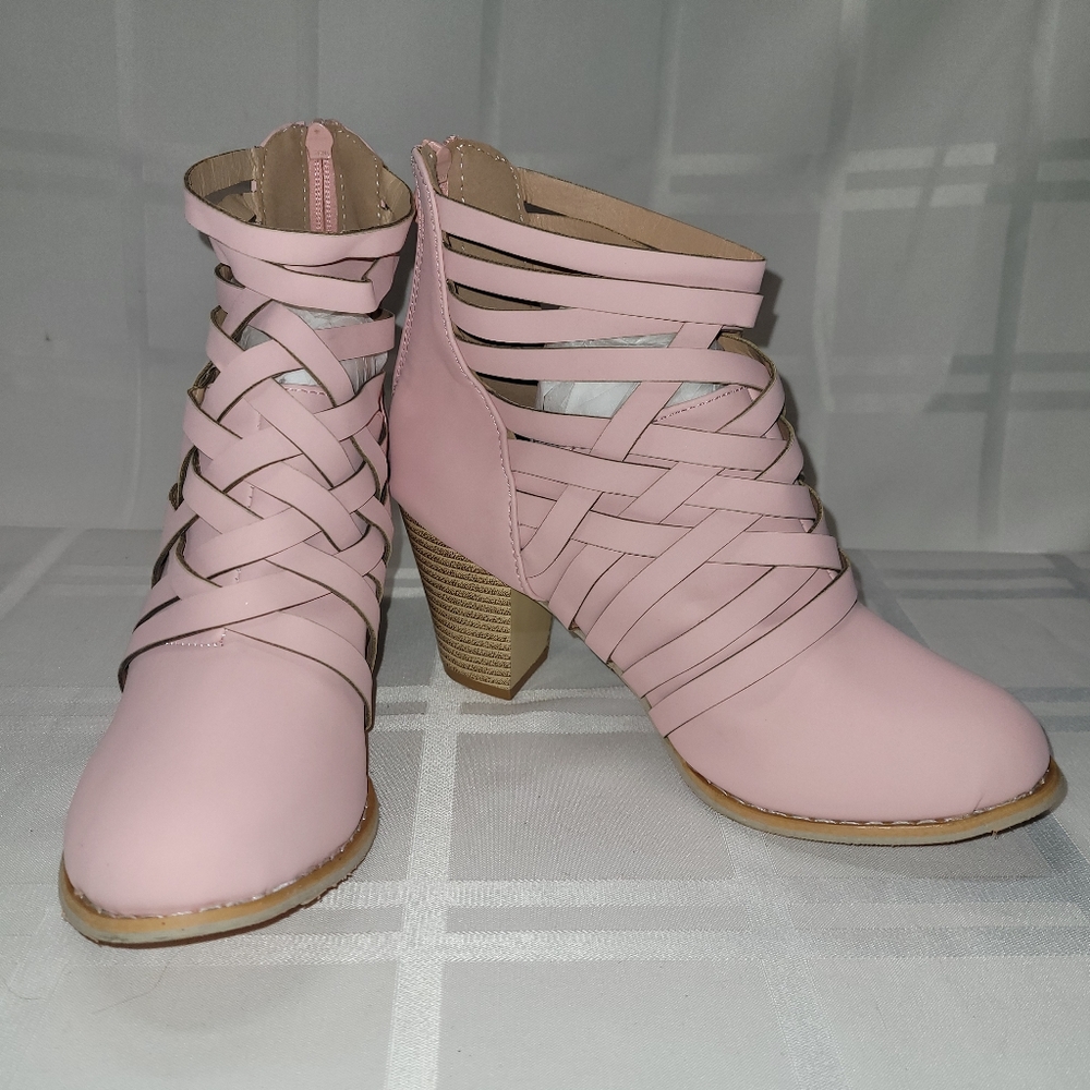 Pastel Pink Heeled Boots with Strappy Design and Chunky Heel